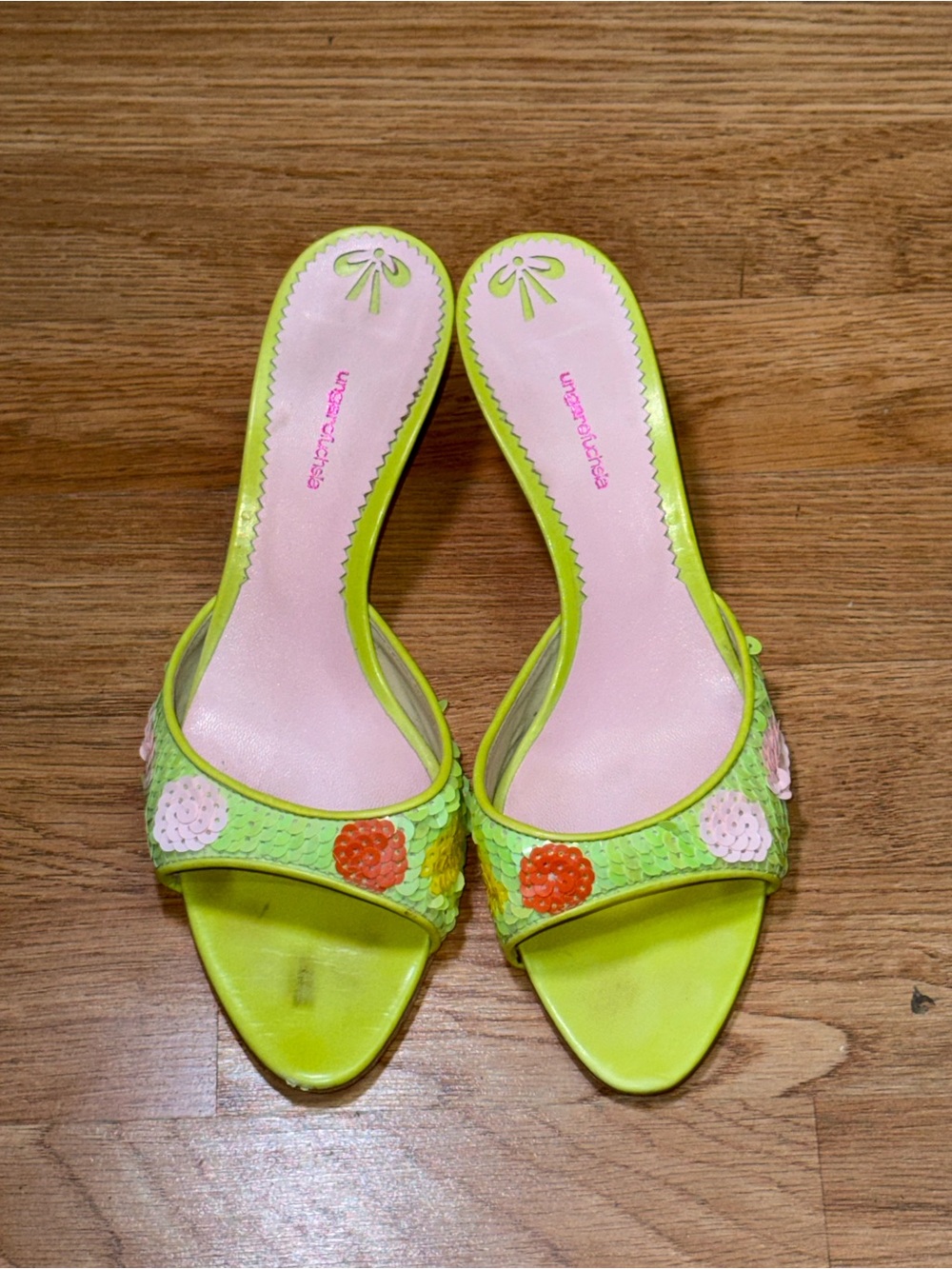 Vintage Ungaro Fuchsia Lime Green Sequin Floral Mule Heels Size 8 Italy